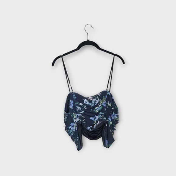 NEW AFRM Capri Floral Mesh Crop Top 2XL Black Purple Ruched Spaghetti Strap Y2K - Picture 9 of 9